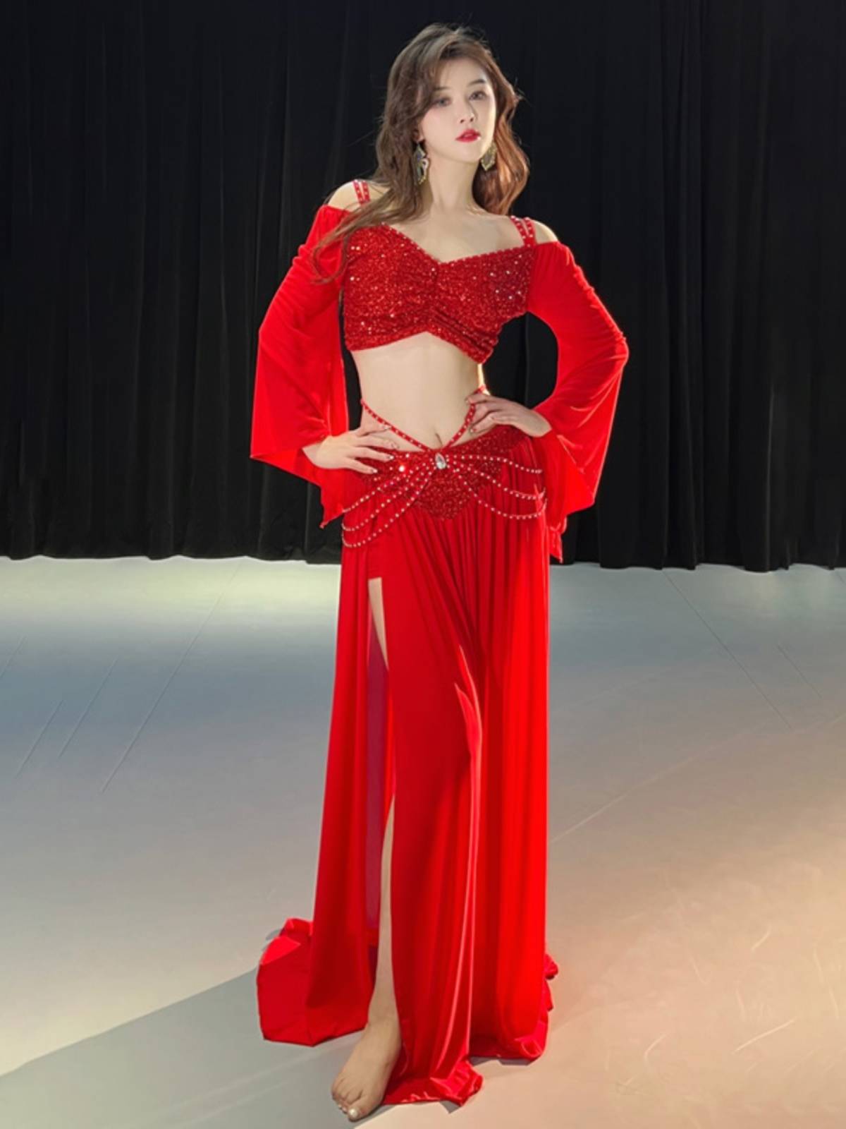 Dancer original niche design belly dance clothing sequin spring net yarn practice class service set 5090