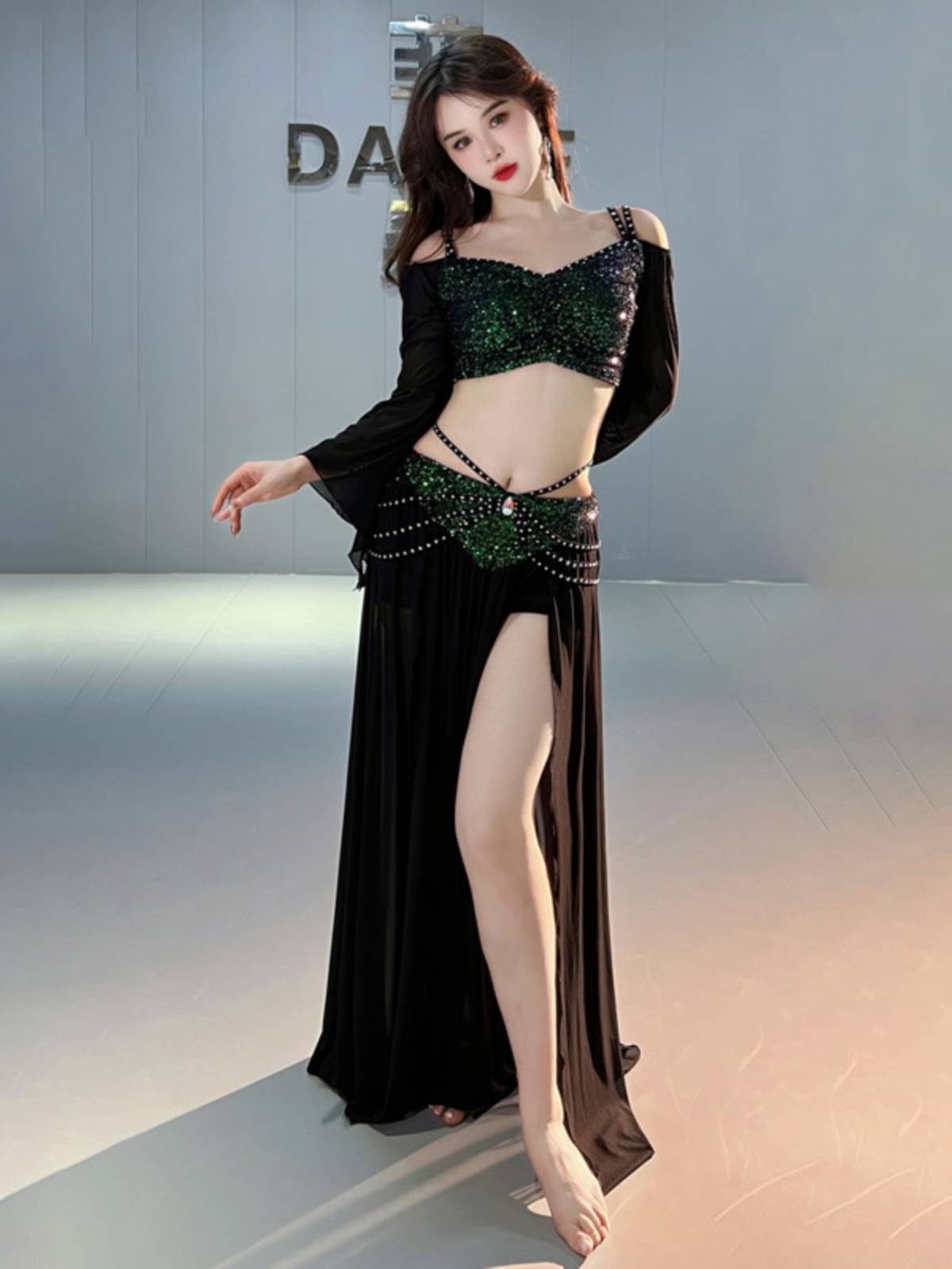Dancer original niche design belly dance clothing sequin spring net yarn practice class service set 5090