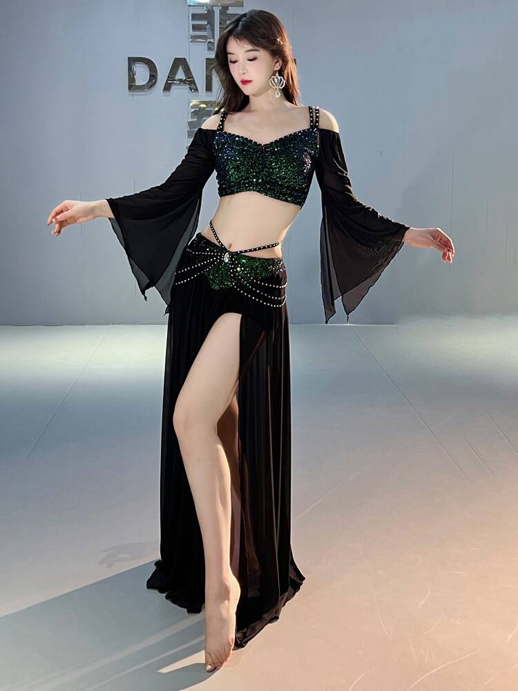 Dancer original niche design belly dance clothing sequin spring net yarn practice class service set 5090