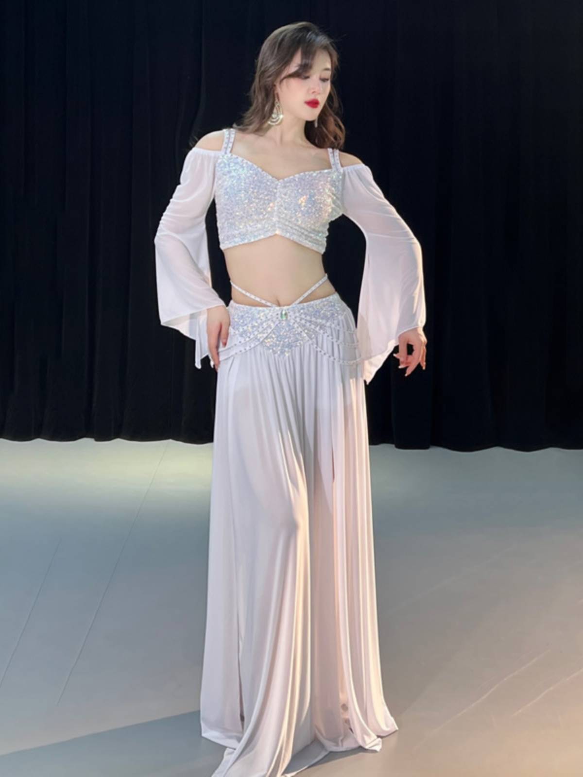 Dancer original niche design belly dance clothing sequin spring net yarn practice class service set 5090