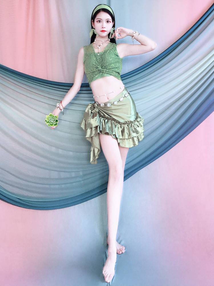 Yanxin Huimei New belly dance clothing 2024 off -the -shoulder green top, wrap skirt, shows thin lotus leaf hip towel