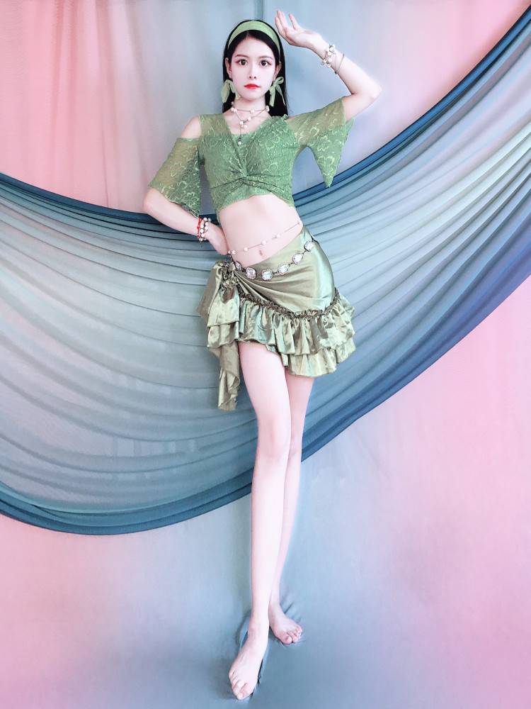 Yanxin Huimei New belly dance clothing 2024 off -the -shoulder green top, wrap skirt, shows thin lotus leaf hip towel