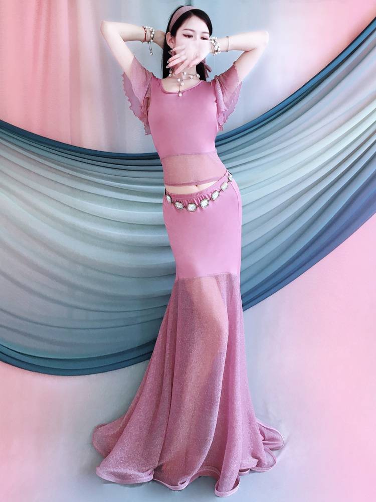 Belly Dance Performance Services Summer New Lotus Leaf Short -sleeved Fish Tail Plasma Set Oriental Dance Children's Practice Service