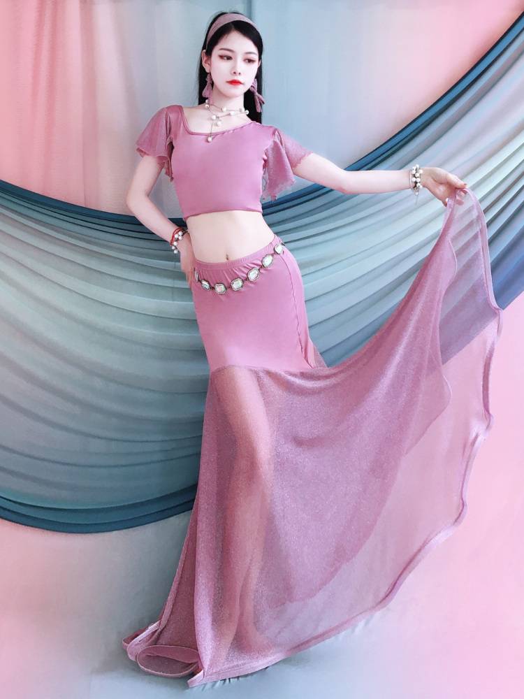 Belly Dance Performance Services Summer New Lotus Leaf Short -sleeved Fish Tail Plasma Set Oriental Dance Children's Practice Service