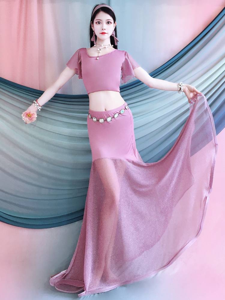Belly Dance Performance Services Summer New Lotus Leaf Short -sleeved Fish Tail Plasma Set Oriental Dance Children's Practice Service