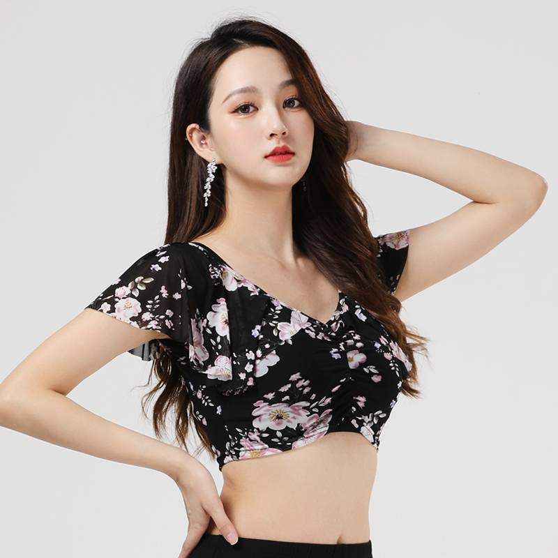 Spring and summer new belly dance top large size thin mesh yarn sexy lotus leaf sleeve exercises v -neck top