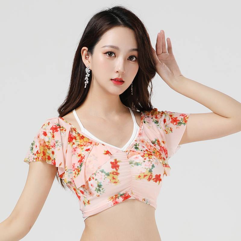 Spring and summer new belly dance top large size thin mesh yarn sexy lotus leaf sleeve exercises v -neck top