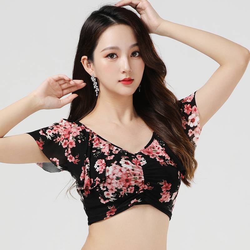 Spring and summer new belly dance top large size thin mesh yarn sexy lotus leaf sleeve exercises v -neck top