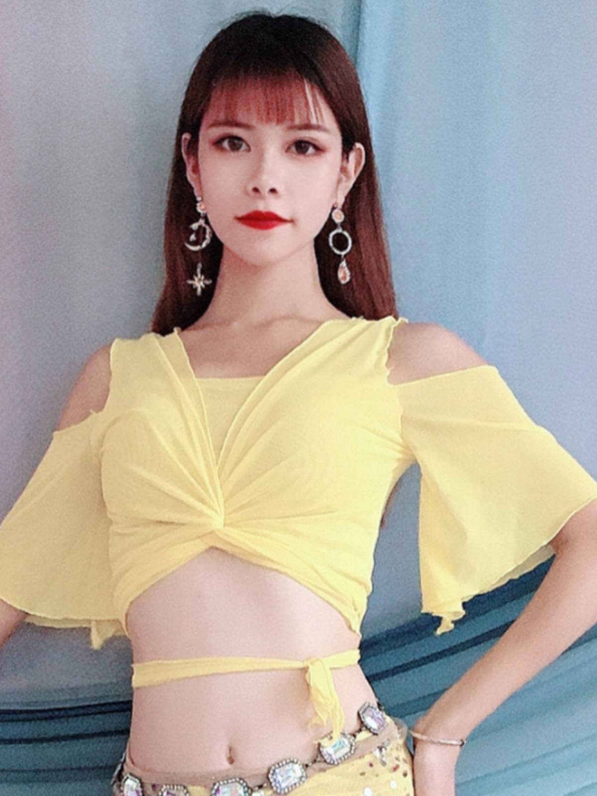 Baiya Qianhui Belly Dance Clothing 2024 Summer New Practice Server Drown Short -sleeved Garlon Top Followed Female Women