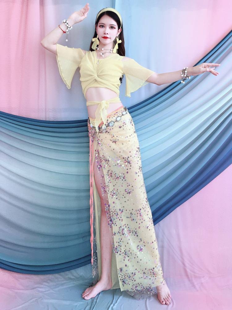 Belly dance clothes 2024 New lotus leaf sleeve tops, beads embroidered beads hip -hip scarf, summer children's watch performance clothing