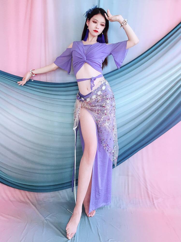 Belly dance clothes 2024 New lotus leaf sleeve tops, beads embroidered beads hip -hip scarf, summer children's watch performance clothing