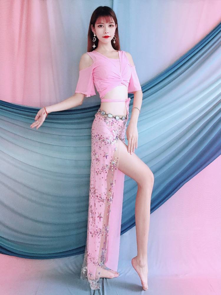 Belly dance clothes 2024 New lotus leaf sleeve tops, beads embroidered beads hip -hip scarf, summer children's watch performance clothing