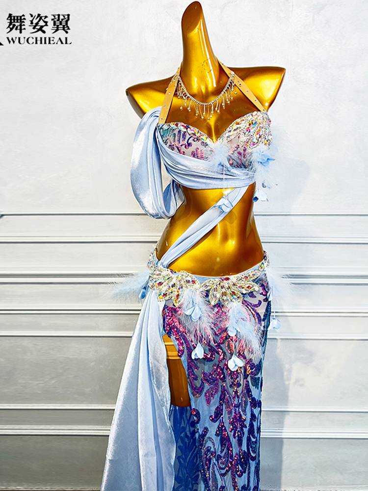 Dance posture 2024 new belly dance performance clothing suit set Oriental dance exercise skills blue