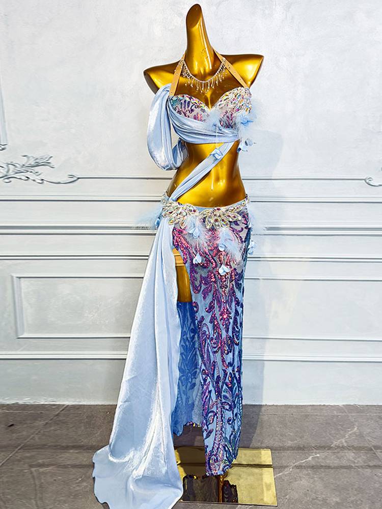 Dance posture 2024 new belly dance performance clothing suit set Oriental dance exercise skills blue