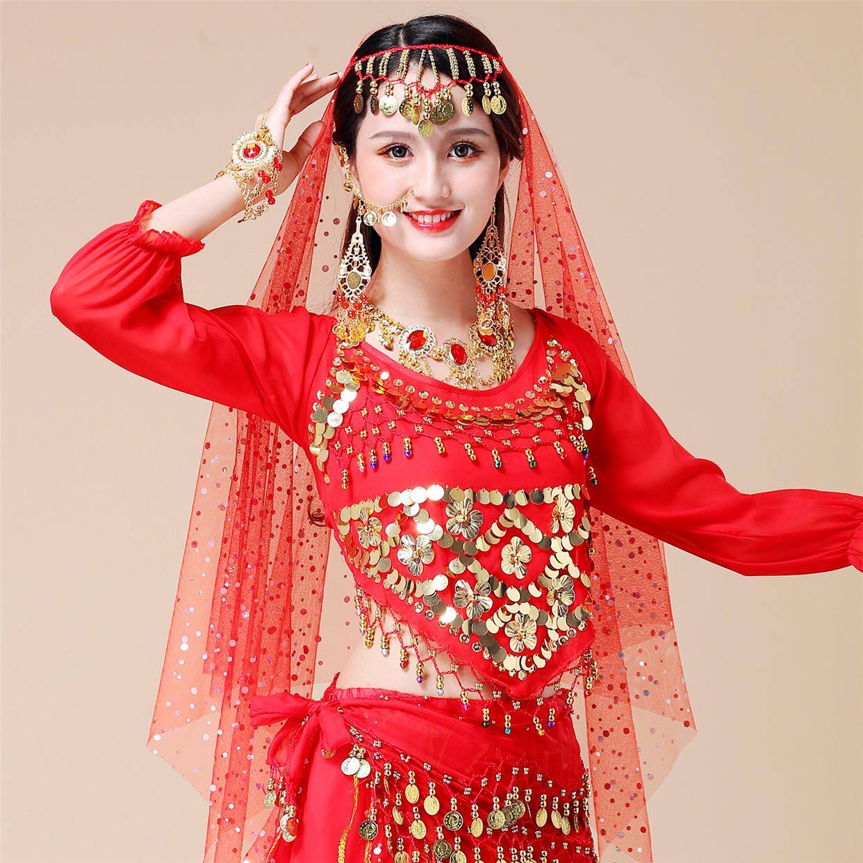 Indian Dance Performance National Dance Head Scarf Belly Dance Fingering Ring Chain Ear Ear Ring Head Towel Speed Towel Speed Accessories