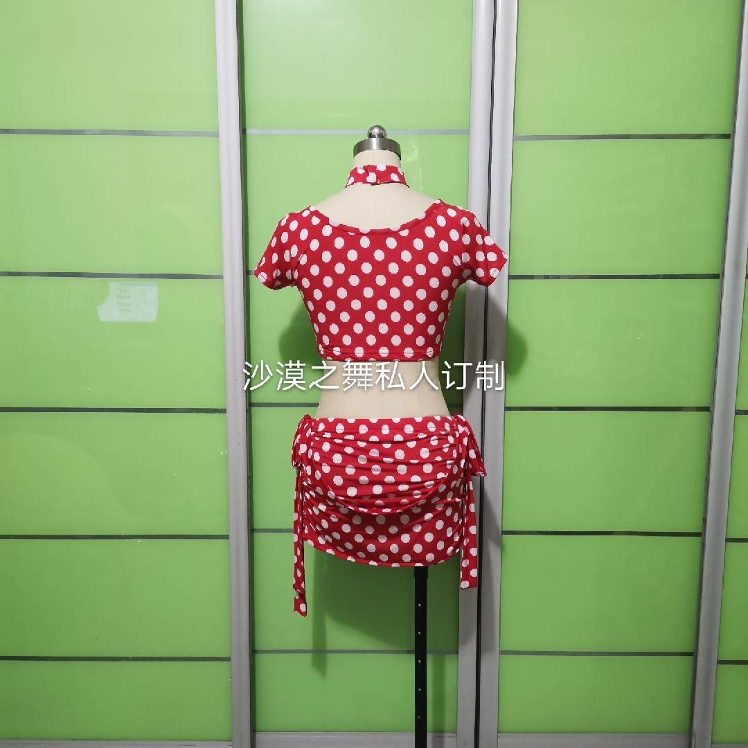Red wave dot short -sleeved round neck short top neck hip -hip towel small skirt set of belly dance exercise clothes practice uniform