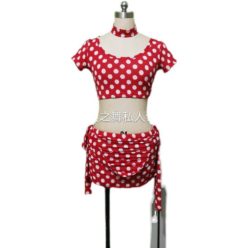 Red wave dot short -sleeved round neck short top neck hip -hip towel small skirt set of belly dance exercise clothes practice uniform