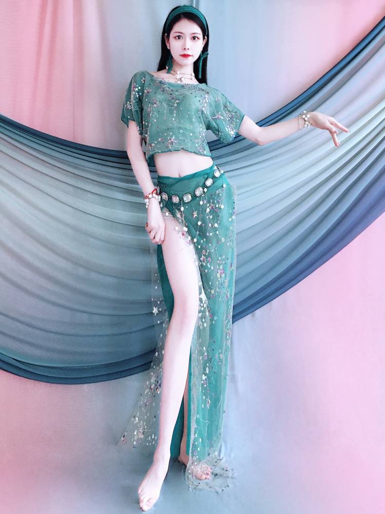 2024 New Belly Dance Services Lake Lake Blue Beads Embroidery Set Oriental Dance Training Children