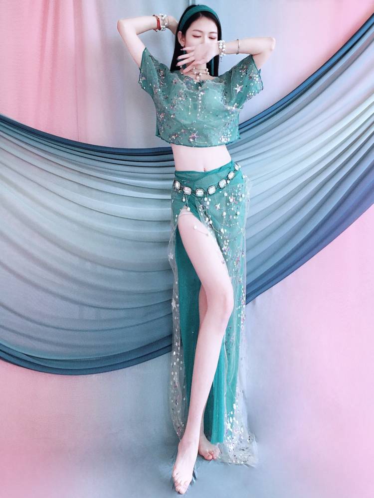 2024 New Belly Dance Services Lake Lake Blue Beads Embroidery Set Oriental Dance Training Children