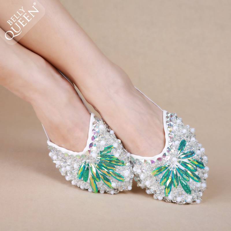 Belly dance feet practice dance shoes and dance performance special soft bottom breathable new half -cut shoes green diamond half -cut shoes