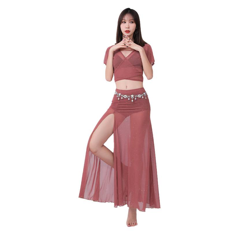 A variety of summer wearing a belly dance dress skirt net gauze with glittering gentle bean paste powder simple strap cross -collar dance clothes