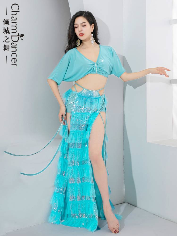 The dance of the city dance belly dance clothing is beautiful fairy sequins, lotus leaf skirt set practice clothes oriental dance practice class