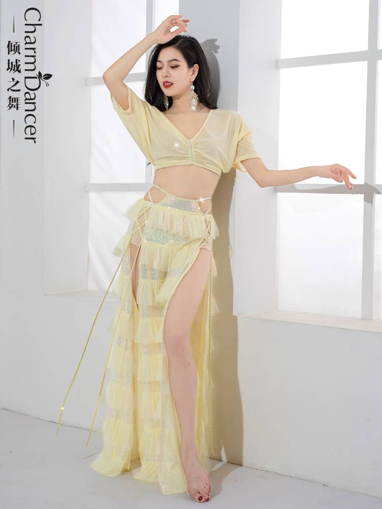 The dance of the city dance belly dance clothing is beautiful fairy sequins, lotus leaf skirt set practice clothes oriental dance practice class