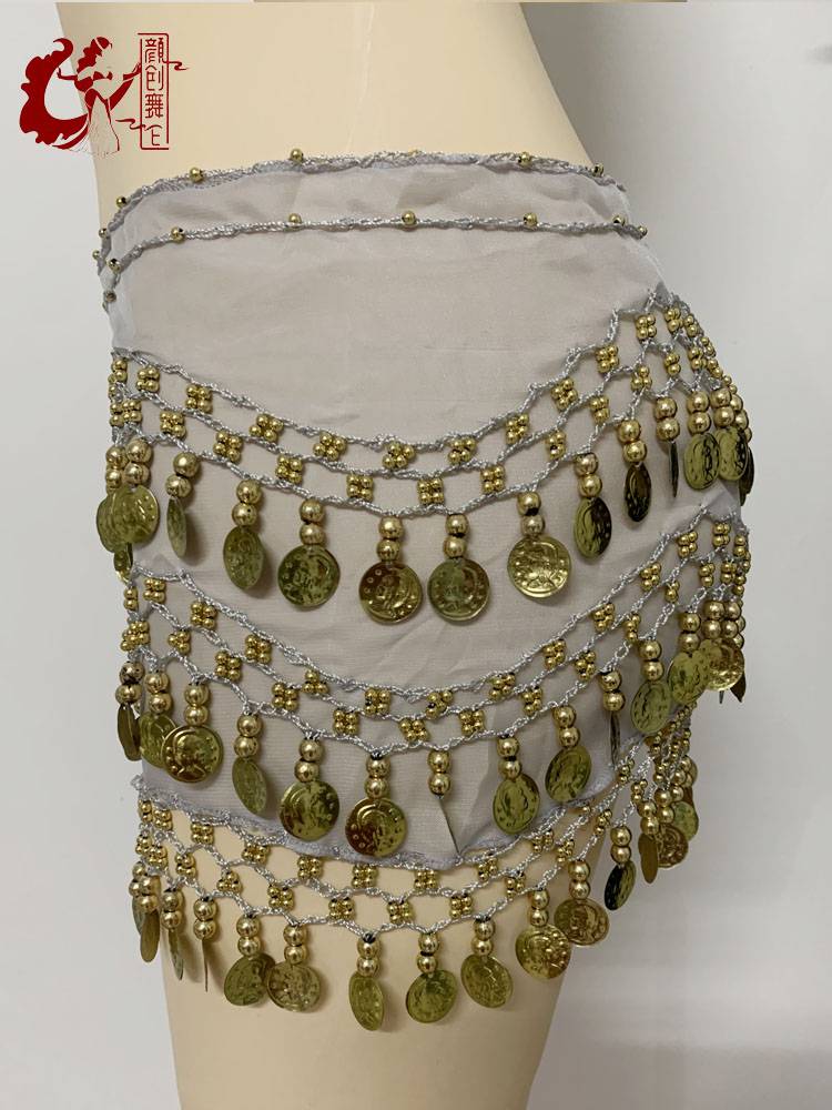 Belly dance waist chain new chiffon three -layer hanging coin jazz dance hip towel belly dance waistband 158 coins