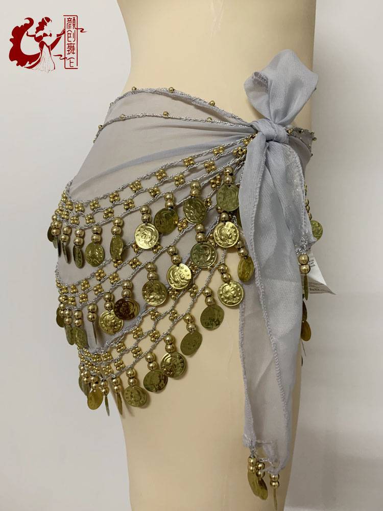 Belly dance waist chain new chiffon three -layer hanging coin jazz dance hip towel belly dance waistband 158 coins