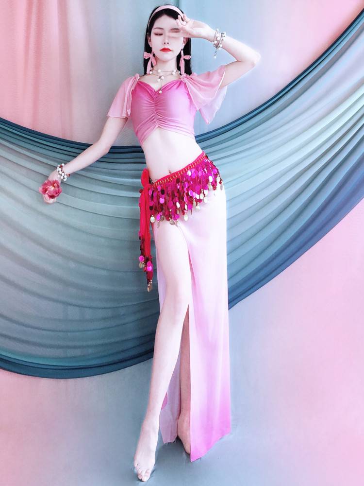 Baiya Qianhui Belly Dance 2024 New Folding lotus leaf sleeve hip hip -hip scarf set Oriental dance exercise service junior junior uniform