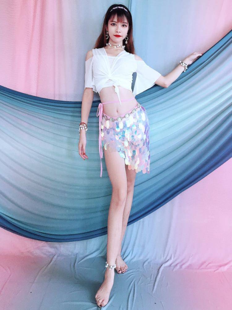 Baiya Qianhui 2024 Spring New Belly Dance Stage Performance Services Delivery Delivery Short -sleeved Short -Sleep Short Hip Scarf
