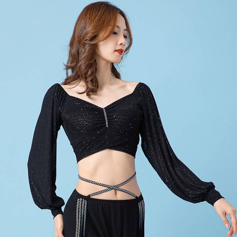 Belly dance 2023 new lantern sleeve mesh tops Oriental dance dance clothing female Indian dance service performance service