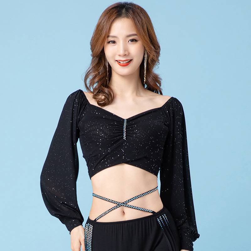 Belly dance 2023 new lantern sleeve mesh tops Oriental dance dance clothing female Indian dance service performance service