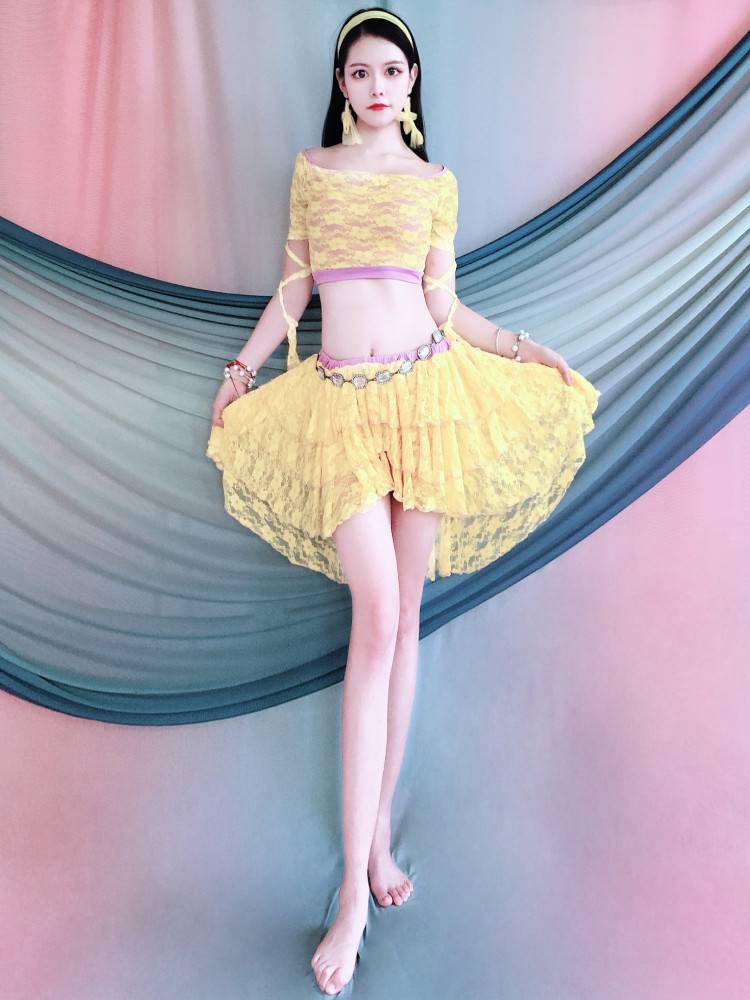 Belly Dance 2024 spring and summer new practice clothing practice performance room color lace skirt set beginner