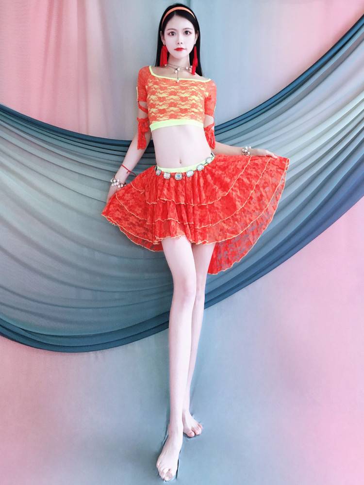 Belly Dance 2024 spring and summer new practice clothing practice performance room color lace skirt set beginner
