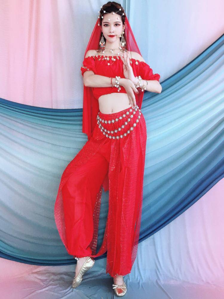 Baiya Qianhui Belly Dance Indian Dance Stage Performance Service 2024 Spring New Lantern Short Sleeve Long -sleeved Bright Pot