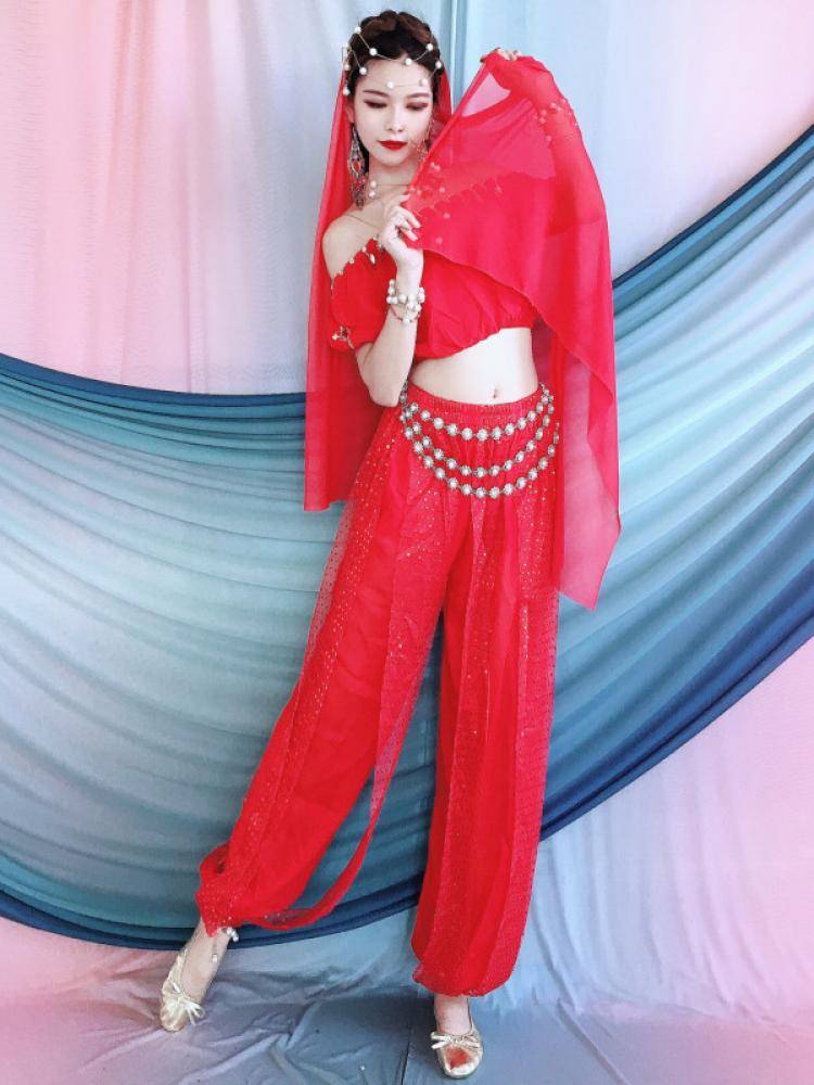 Baiya Qianhui Belly Dance Indian Dance Stage Performance Service 2024 Spring New Lantern Short Sleeve Long -sleeved Bright Pot