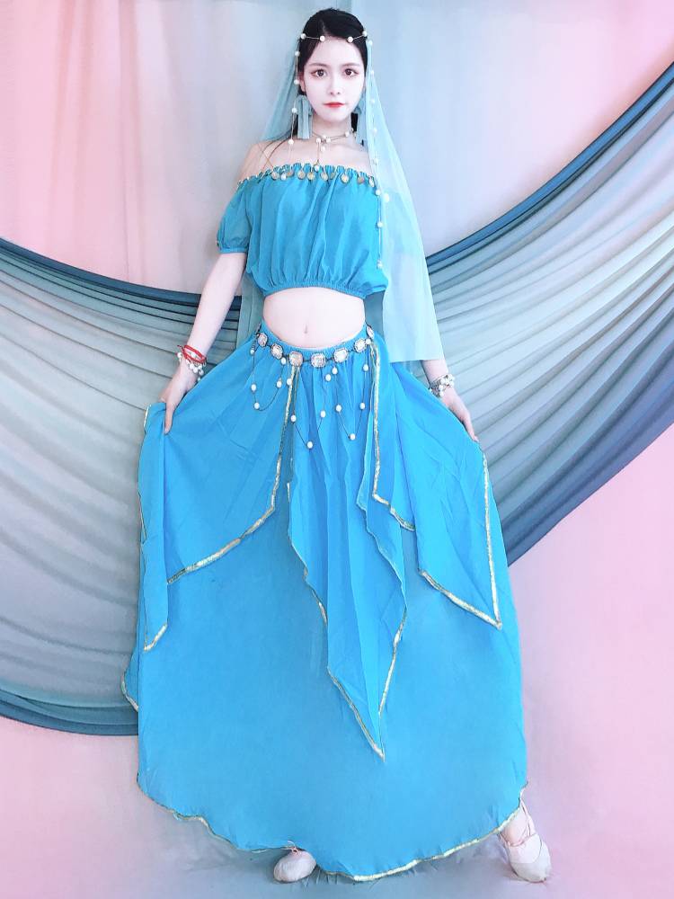 The new Indian dance performance clothing lantern top, the gold -border four -piece skirt, the national dance adult Xinjiang belly dance service