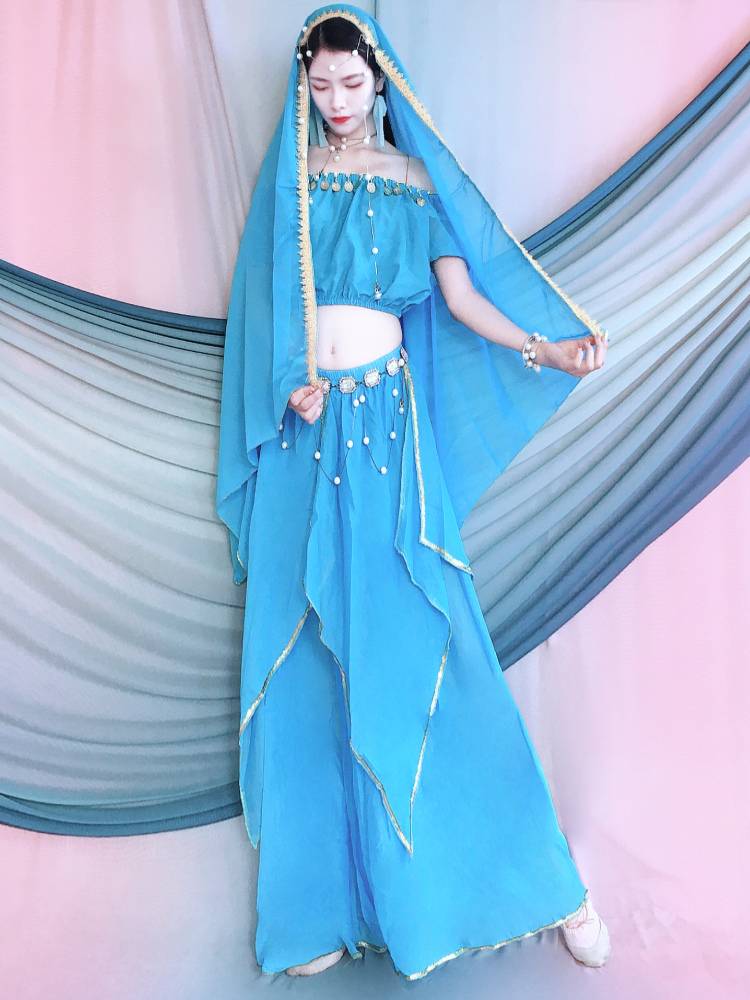 The new Indian dance performance clothing lantern top, the gold -border four -piece skirt, the national dance adult Xinjiang belly dance service