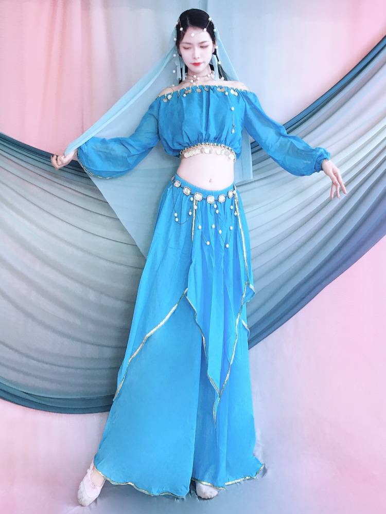 The new Indian dance performance clothing lantern top, the gold -border four -piece skirt, the national dance adult Xinjiang belly dance service