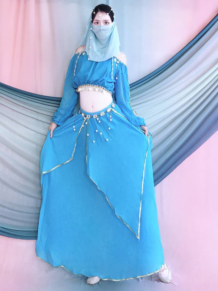 The new Indian dance performance clothing lantern top, the gold -border four -piece skirt, the national dance adult Xinjiang belly dance service