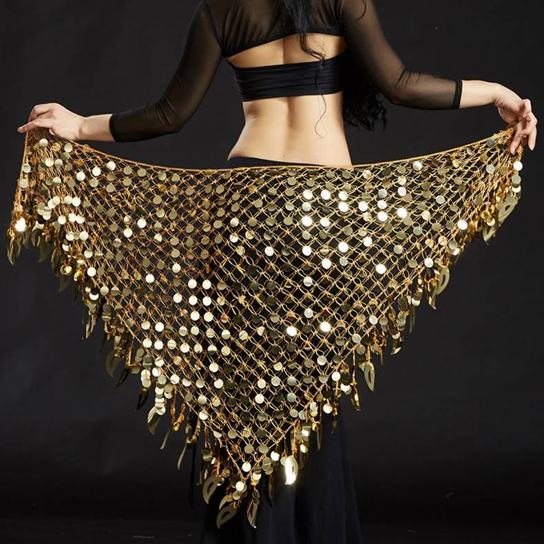 New belly dance waist chain hip scarf fishing net sequins Oriental dance triangle scarf Causeway supu practice waistband
