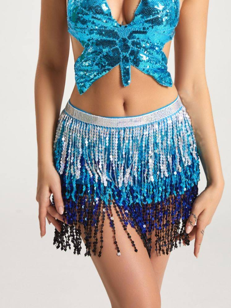 Belly dance waist chain sequins skirt belt performance, waistscar dance performances streaming skirt, Indian dance hip scarf