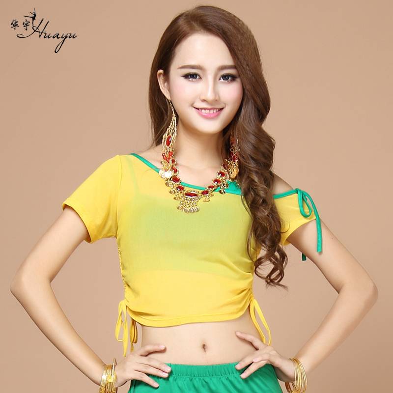 Belly dance new dance clothes top sexy mesh short sleeve two -piece first scholar adult female practice
