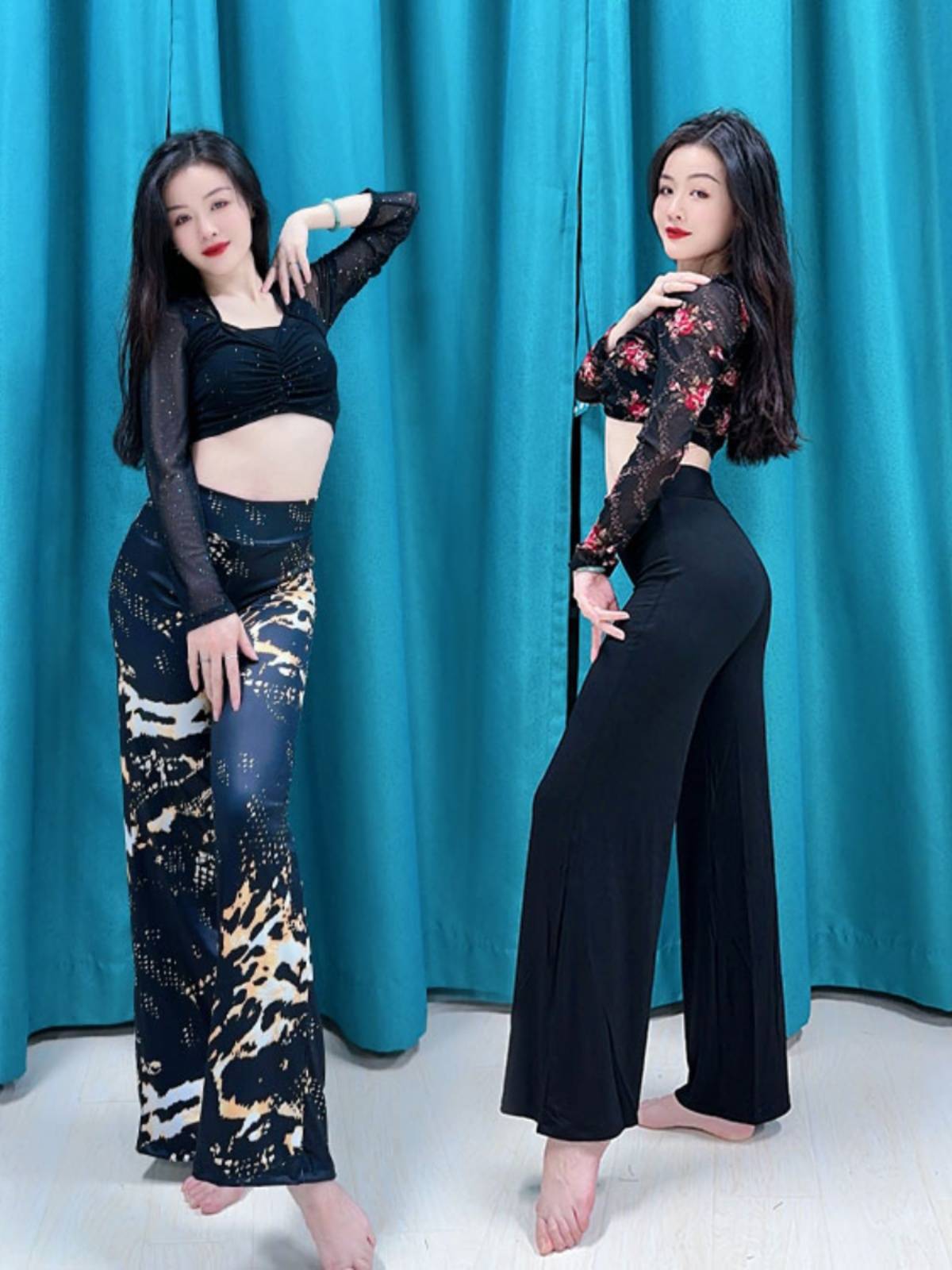 Swegal belly dance exercise uniform top 2024 new dance net yarn red rose print long sleeve wide -leg pants