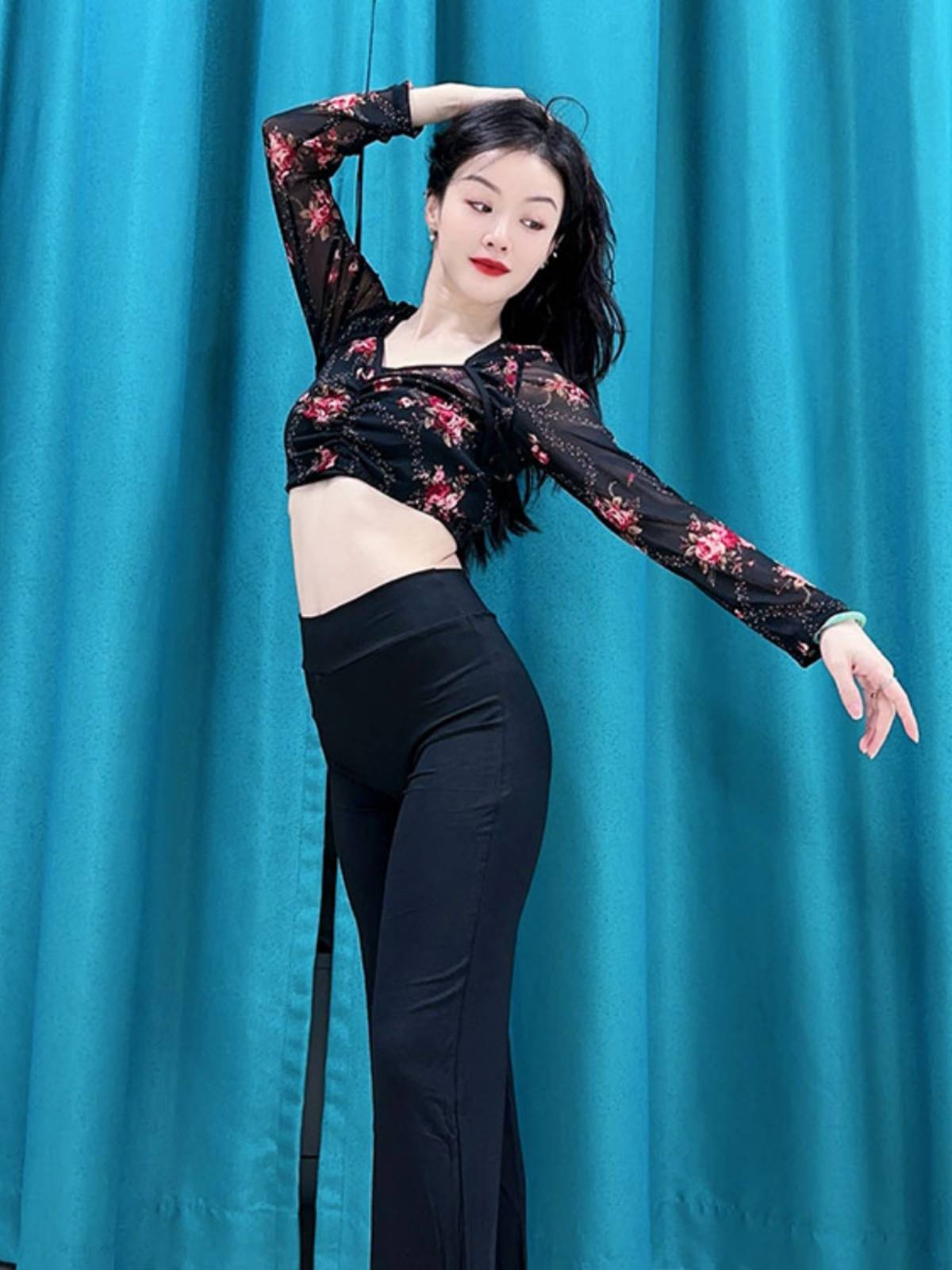 Swegal belly dance exercise uniform top 2024 new dance net yarn red rose print long sleeve wide -leg pants