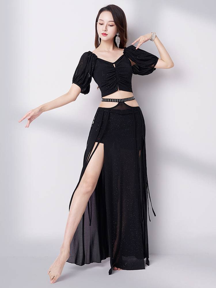 Belly dance service 2023 new sexy summer practice clothes short -sleeved mesh, oriental dance clothing long skirt set