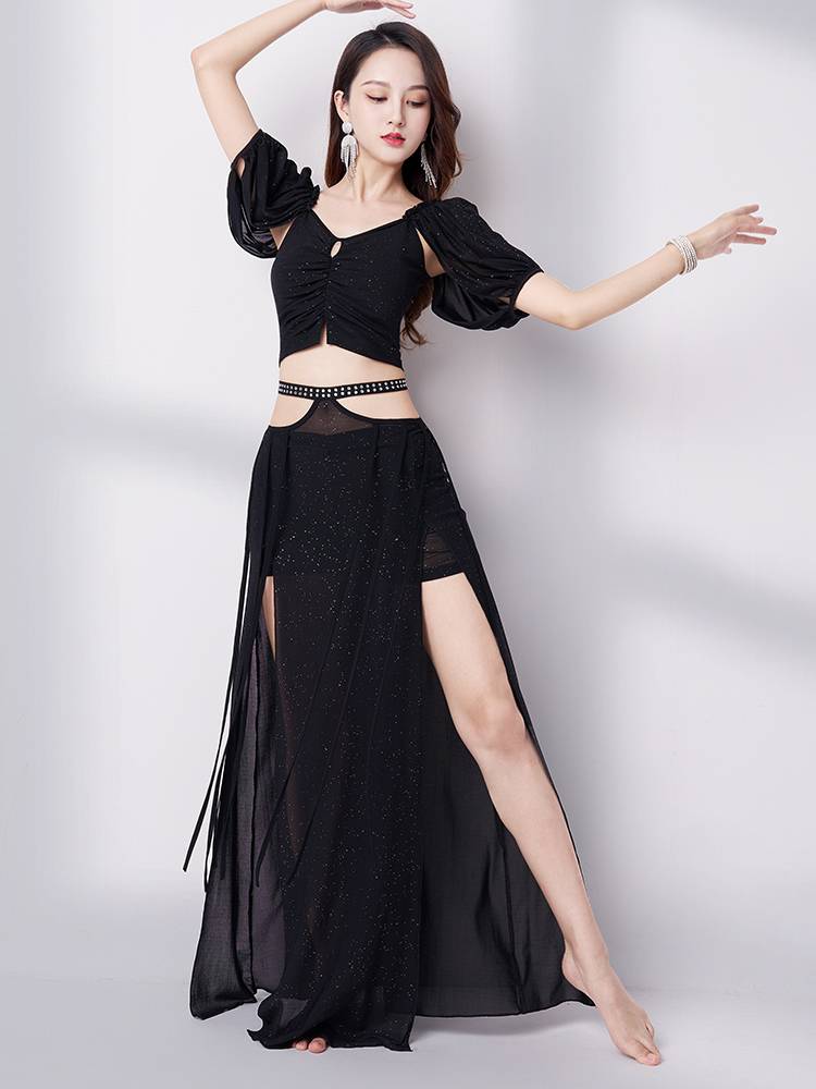 Belly dance service 2023 new sexy summer practice clothes short -sleeved mesh, oriental dance clothing long skirt set