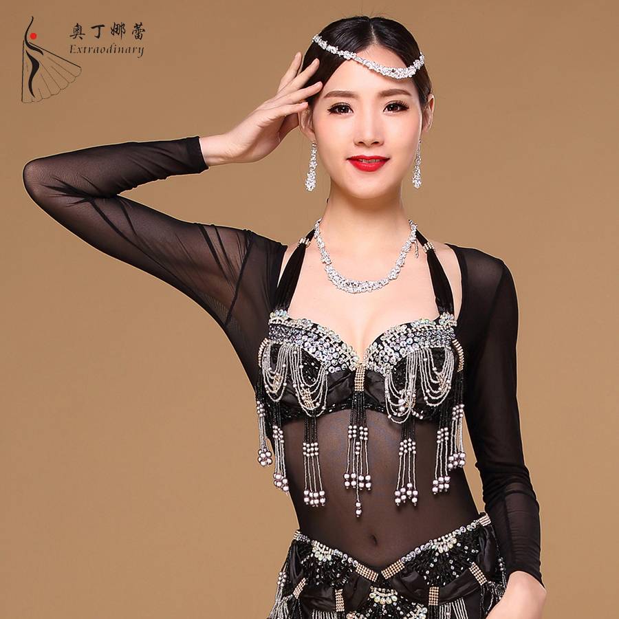 Odinnale's belly dance connecting body top with mesh clothing female adult slimming and thin top