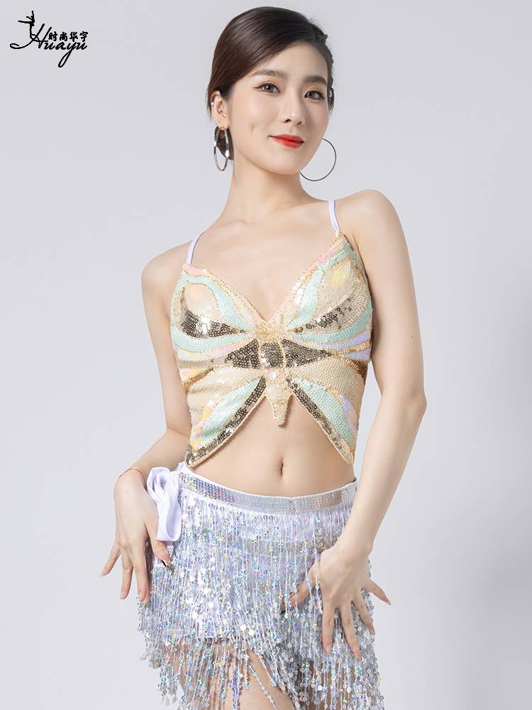 Indian dance clothing female belly dance new sexy beads butterfly brap dance performance shirt